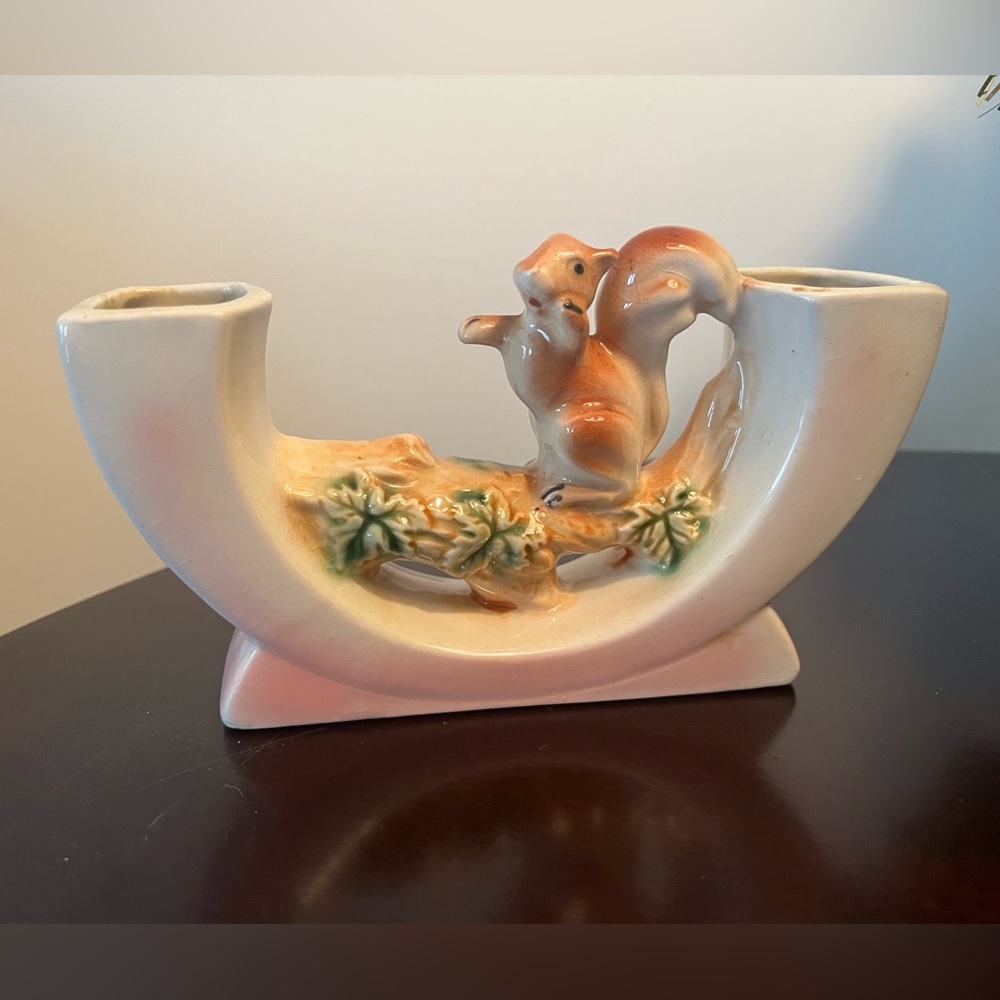 Kitschy MCM Pink Double Vase with Squirrel on Branch Stamped Japan Unique Retro